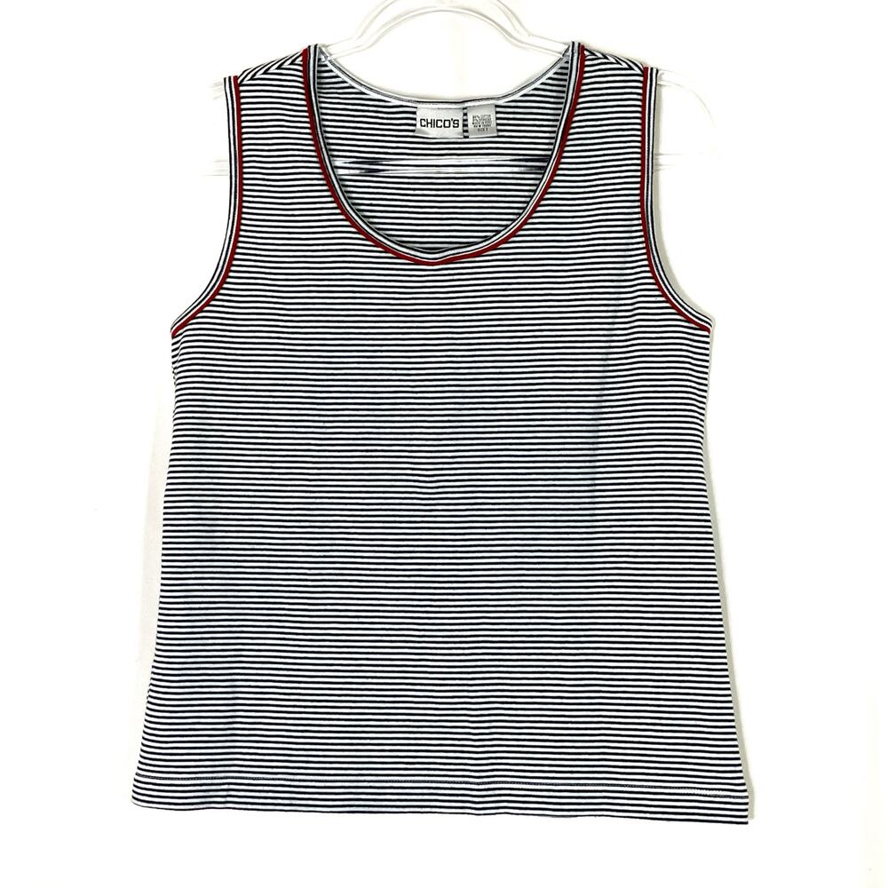Chico's Vintage Black White Stripe Tank Top Scoop Neck Cotton Chicos 2/ US Large
